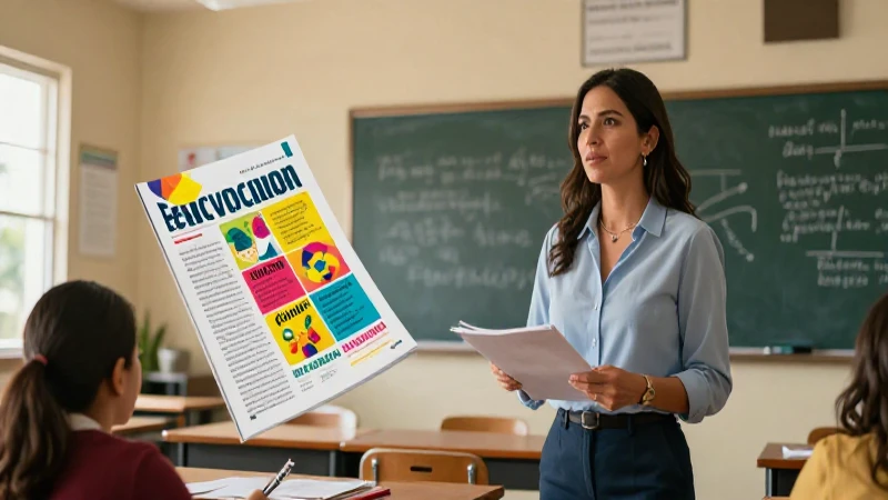Maestra mexicana en aula moderno y colorido