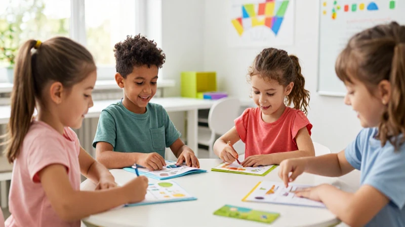 Niños felices interactúan con material didáctico colorido