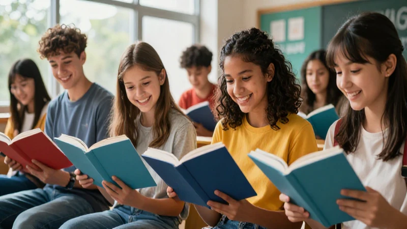 Alumnos sonrientes en entorno educativo vibrante