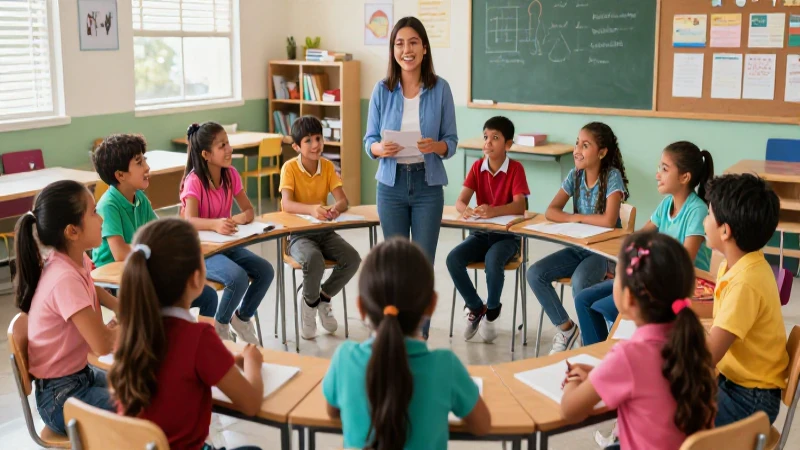 Niños mexicanos felices en clase con maestra