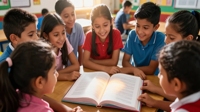 Niños mexicanos felices estudiando en aula