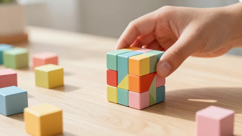Mano ensamblando cubo geométrico colorido