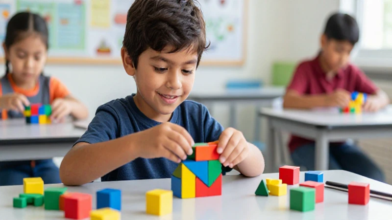 Niño alegre construyendo cubos coloridos