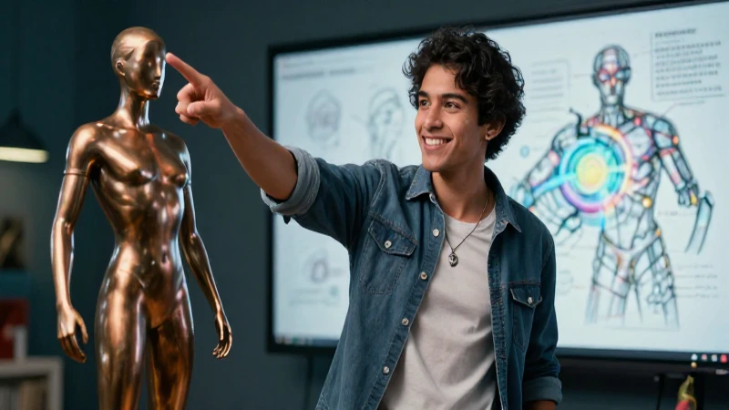 Figura: Definición, Concepto y Usos en Diversos Contextos 3 Artista mexicano dinámico y detallado interactúa con una figura de bronce