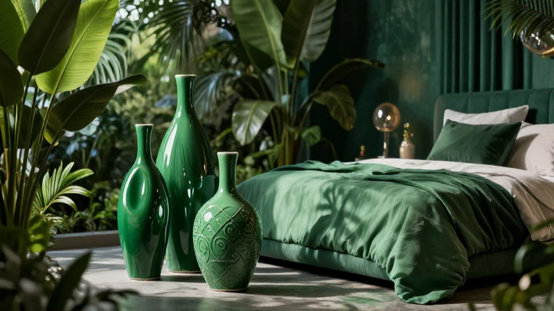 Esculturas verdes decorativas para un dormitorio moderno