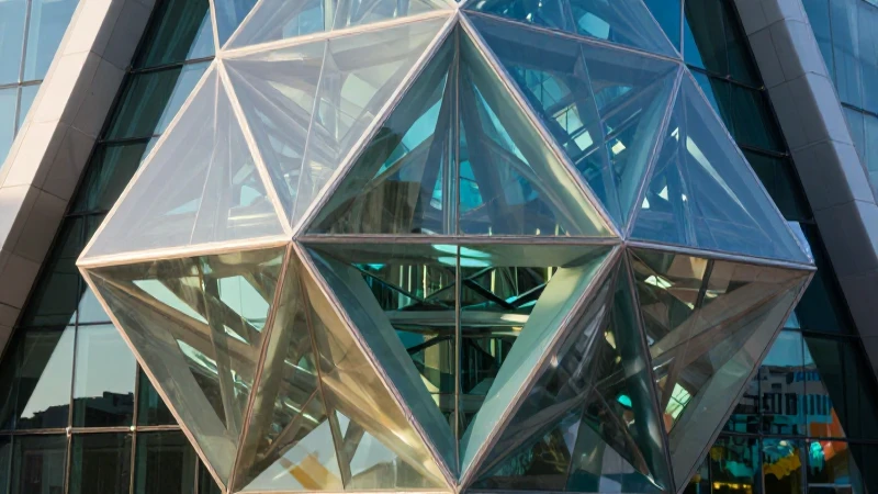 Fachada moderna con geometría vibrante