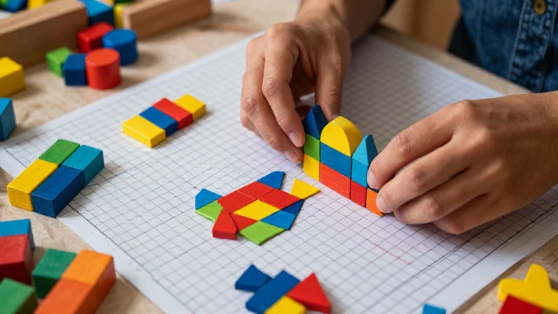 Manos crean figuras coloridas en cuadrícula