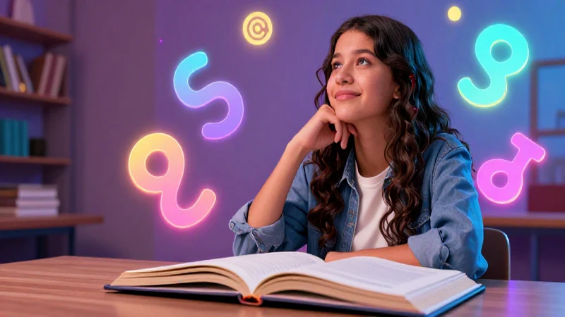 Joven brillante reflexiona sobre símbolos abstractos