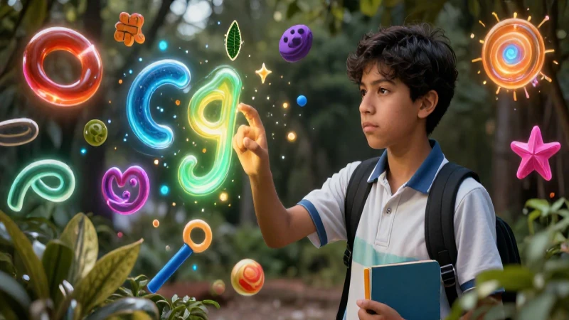 Estudiante mexicano interactúa con formas abstractas brillantes