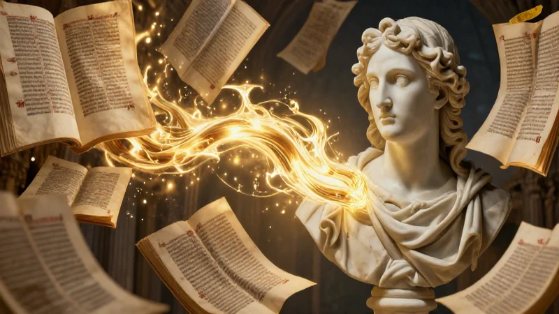 Filosofía medieval: historia, pensadores y su legado 8 Manuscrito luminoso fluye hacia un busto renacentista