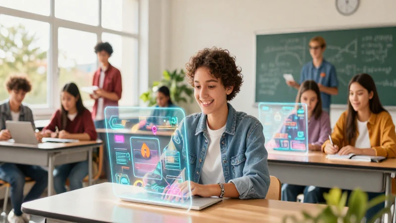 Estudiantes felices aprendiendo con tecnología avanzada