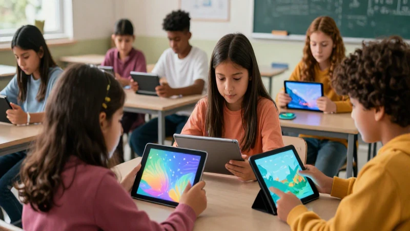 Estudiantes mexicanos interactúan en aula digital vibrante