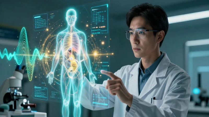 Científico interactúa con holograma de física y anatomía