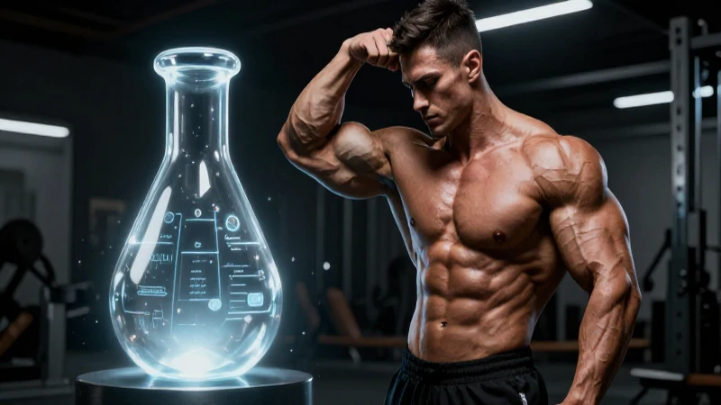 Musculoso pose dramático con vial brillante