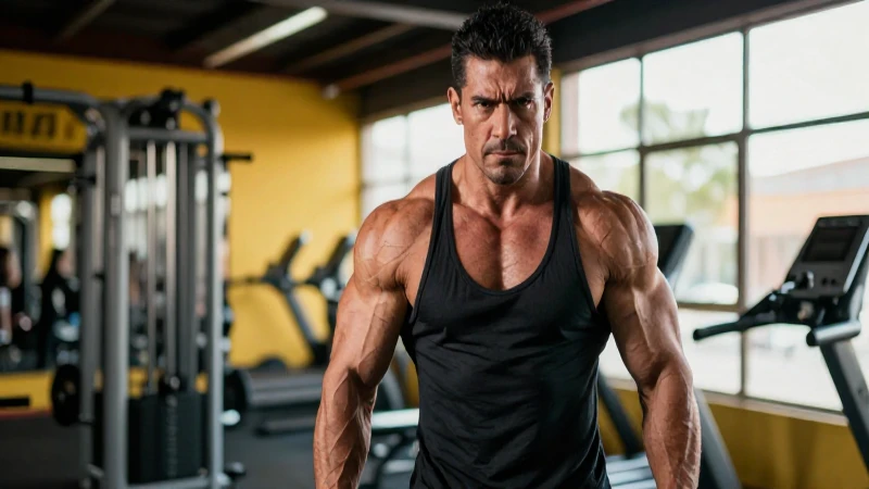 Bodybuilder poderoso, detalle máximo en gimnasio