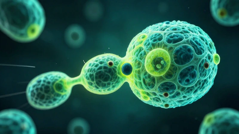 Fisión Binaria: Definición, Importancia y Aplicaciones Clave 3 Célula dividiéndose con bioluminiscencia vibrante