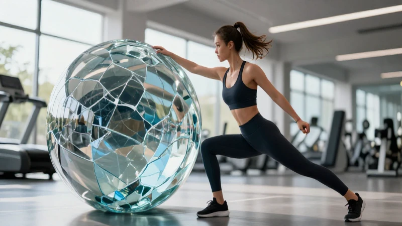 Atleta dinámica con esferas conceptuales en gimnasio moderno