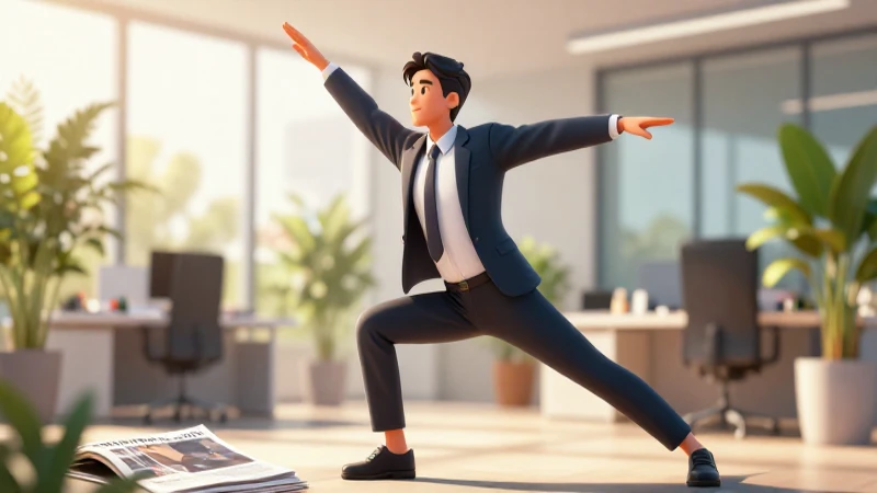 Qué es la flexibilidad física, muscular y laboral 7 Profesional estira en oficina con luz dorada