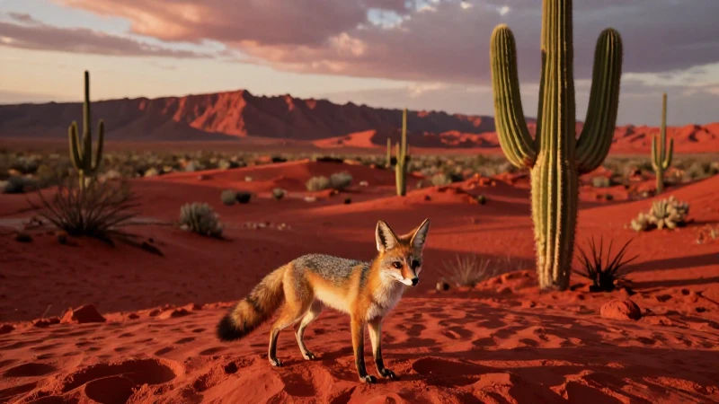 Zorro salvaje en dramático desierto al atardecer