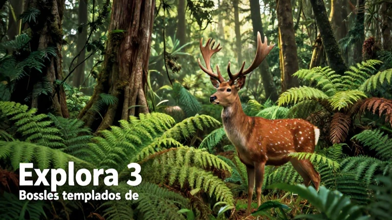 Bosques templados de Explora con flora y fauna detallada