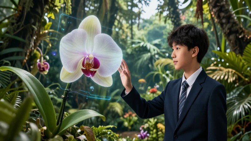 Flora y Fauna: Descubre La Molina con Abate Molina 7 Estudiante interactúa con proyección holográfica de orquídea andina