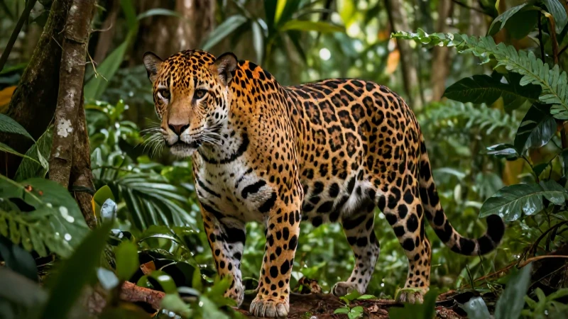 Jaguar vibrante en selva, estilo hiperrealista