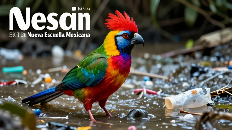 Pájaro tropical frente a río contaminado y plásticos