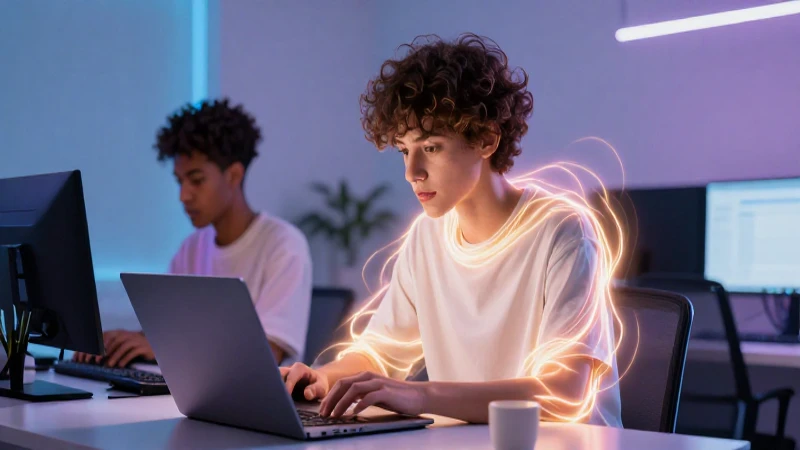 Joven diverso en estado de trabajo profundo y luz etérea