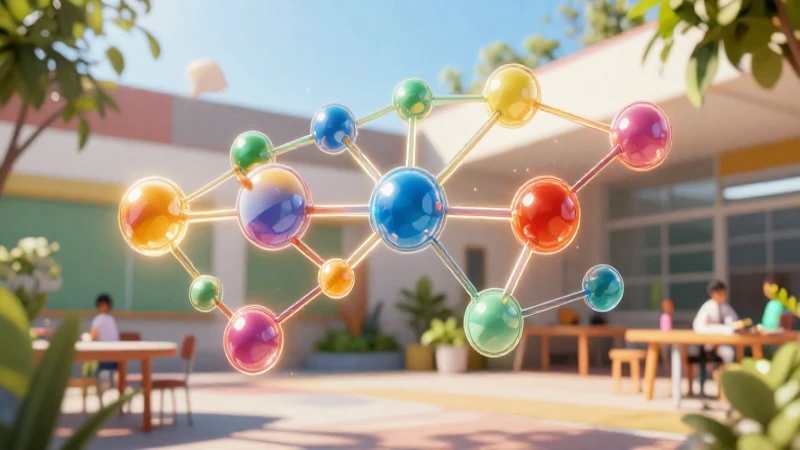 Flujograma 3D dinámico en espacio educativo moderno