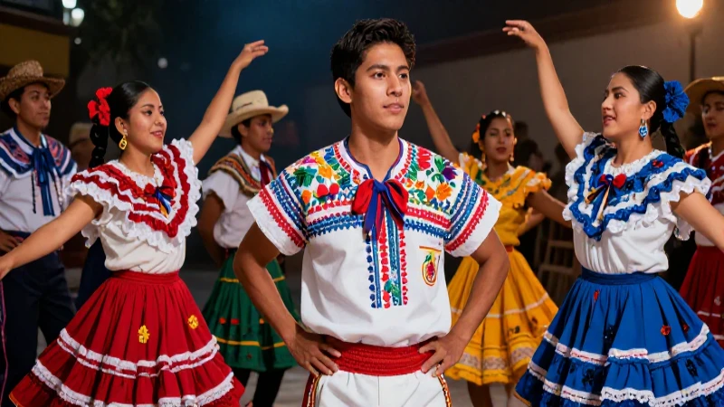 Folklore: Qué es, características y ejemplos destacados 4 Joven mexicano en huipil rodeado de danza vibrante
