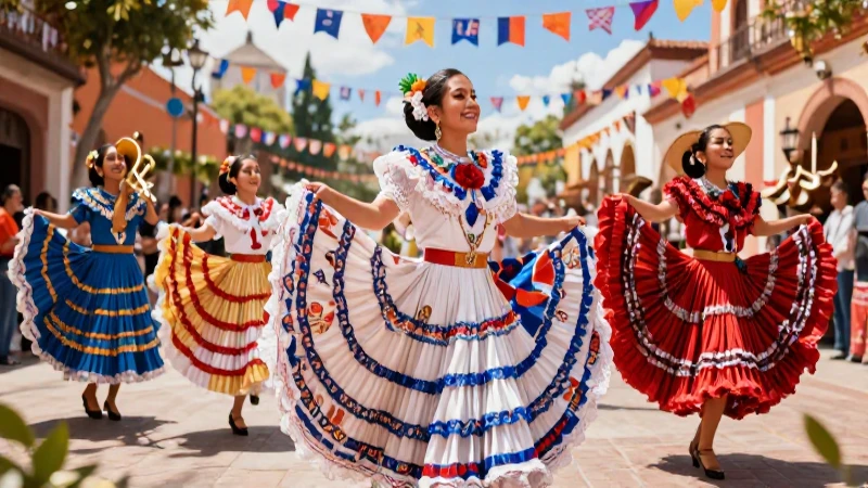Folklore: Qué es, características y ejemplos destacados 7 Bailarines mexicanos festivos en plaza con mariachis