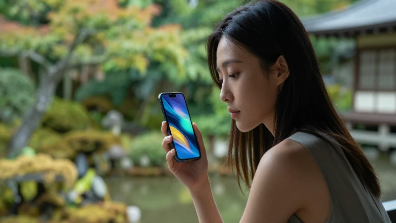 Joven en jardín japonés con smartphone brillante