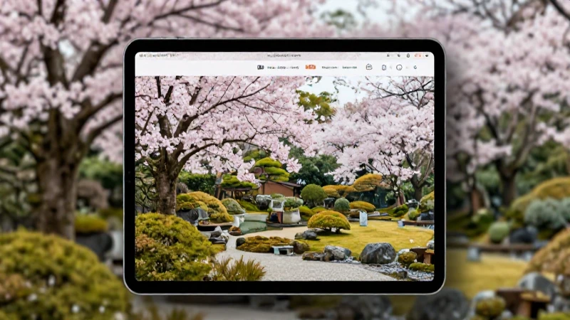 Jardín japonés sereno con tablet en primer plano
