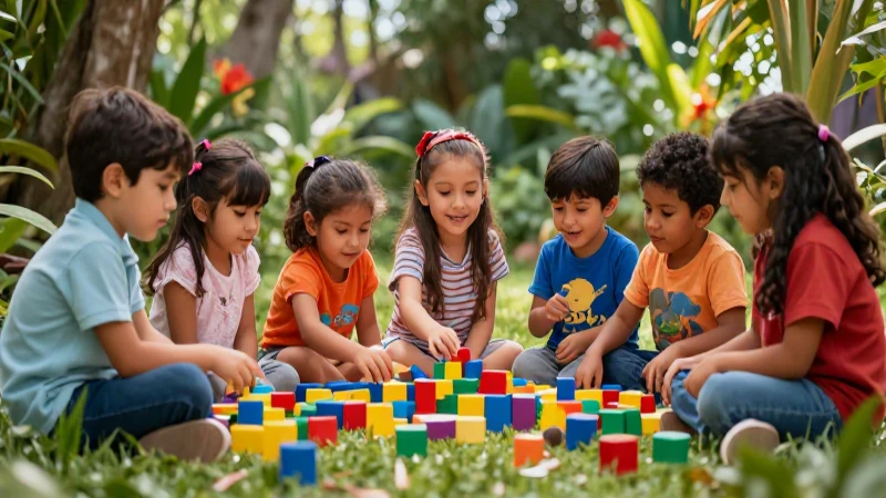 Niños mexicanos alegres aprendiendo con bloques coloridos