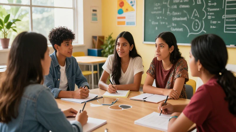 Jóvenes mexicanos debaten activamente en un aula moderna