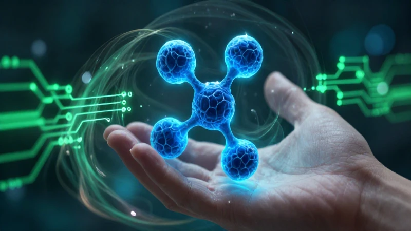 Mano con molécula brillante rodeada de energía verde