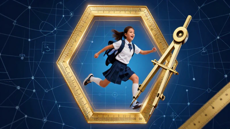 Hexágono dorado educativo con herramientas de diseño