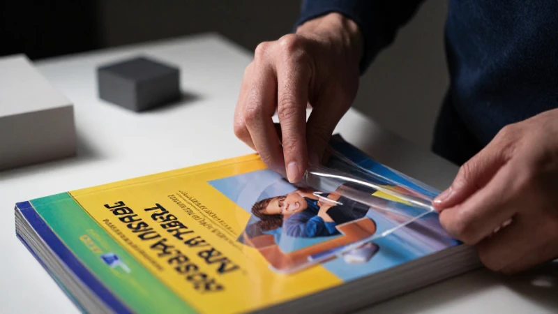 Manos cubriendo libro con protector en escritorio moderno