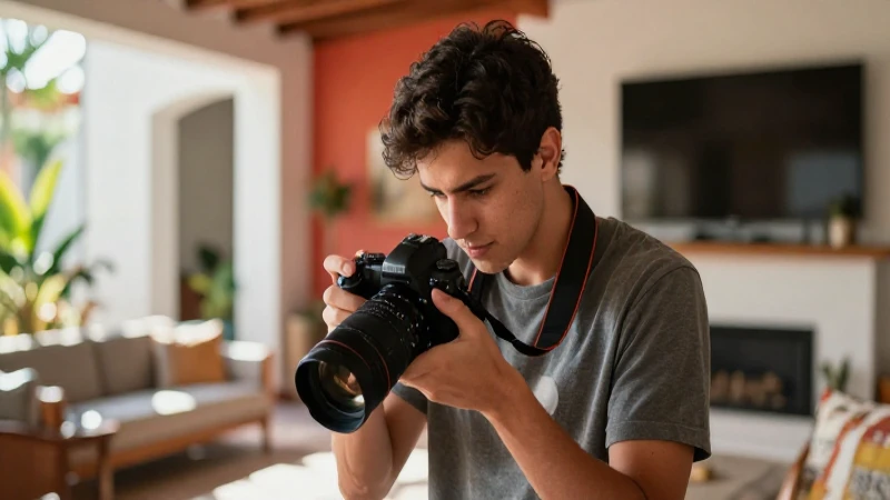 Fotógrafo joven y enfocado en una casa moderna