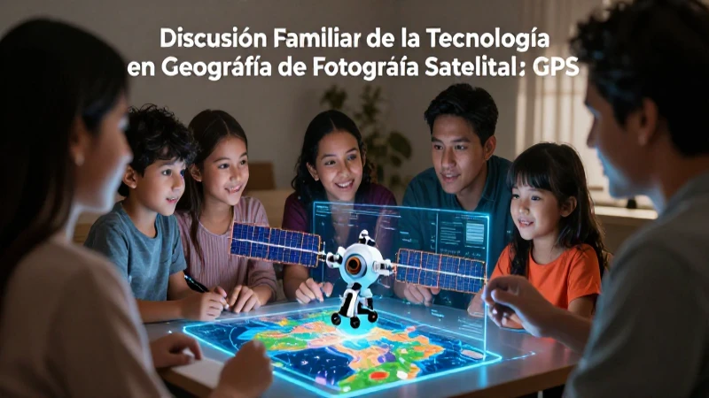 Fotografía Satelital: Usos en Imágenes y GPS - Aprende Más 8 Familia discute tecnología satelital avanzada en holograma