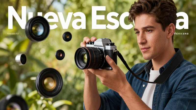 Joven educadora examina cámara vintage con estilo profesional