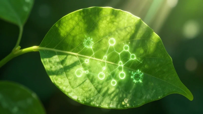 Hoja verde brillante con detalle molecular