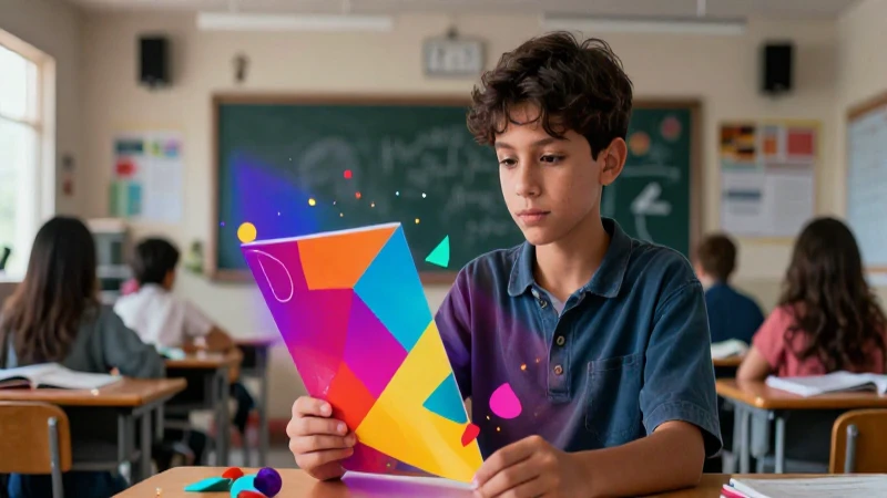 Estudiante, geometría vibrante, aula moderna mexicana