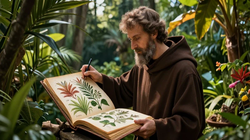 Frailes: Definición y Concepto en la Botánica Esencial 3 Ilustración detallada de monje con flora tropical en estilo académico