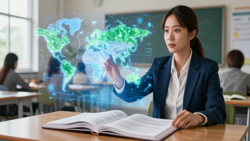 Frases adverbiales: 50 ejemplos para mejorar tu español 6 Educador vibrante con mapa holográfico en clase