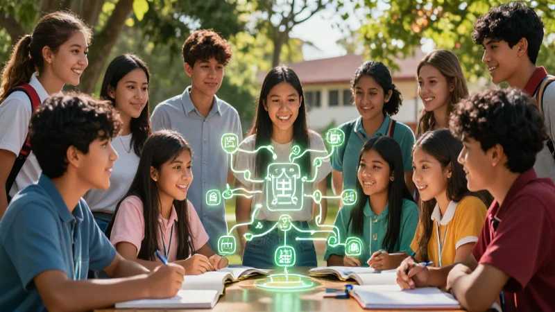 Ilustración vibrante de jóvenes mexicanos aprendiendo