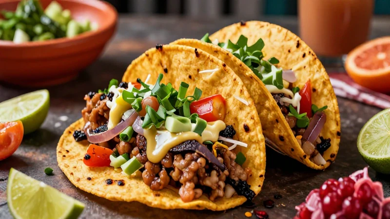 Explora las Fronteras de México: Guía completa con mapas y datos intrigantes 5 Tacos mexicanos fusion, estética detallada y vibrante
