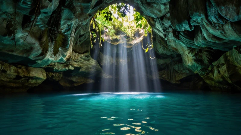 Cenote tropical prístino bañado por luz