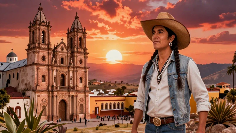 Viajero mexicano en paisaje fronterizo con estilo colonial