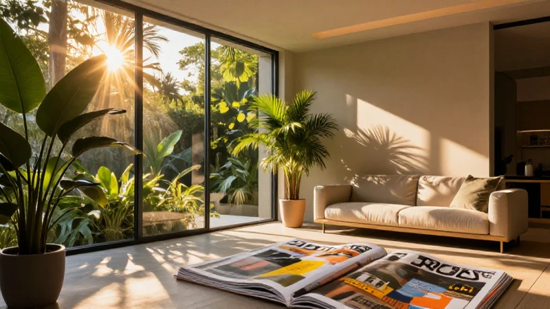 Interior minimalista bañado en luz dorada